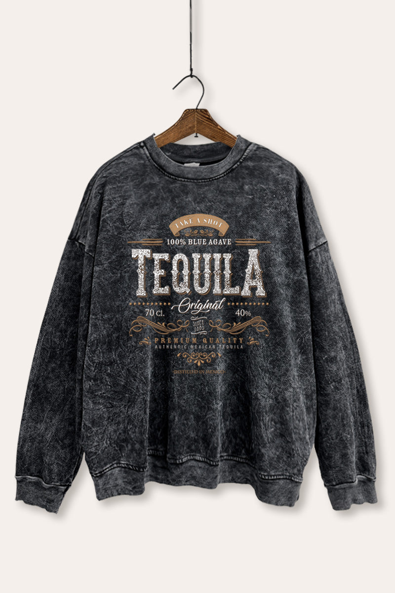 Western Tequila Label Graphic Mineral Wash Sweatshirt