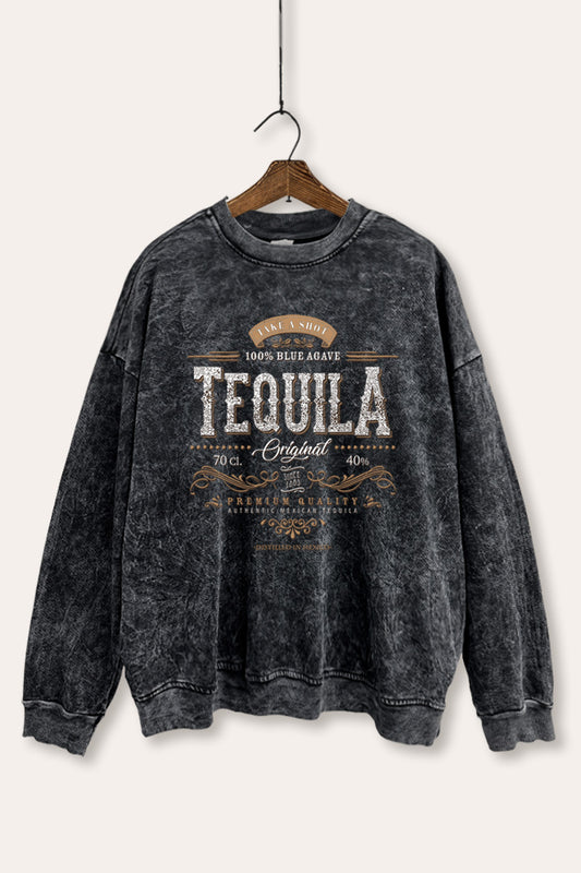 Western Tequila Label Graphic Mineral Wash Sweatshirt