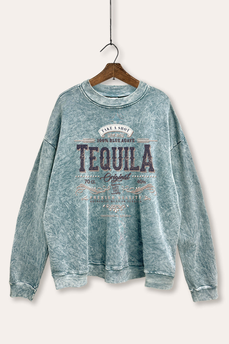 Western Tequila Label Graphic Mineral Wash Sweatshirt