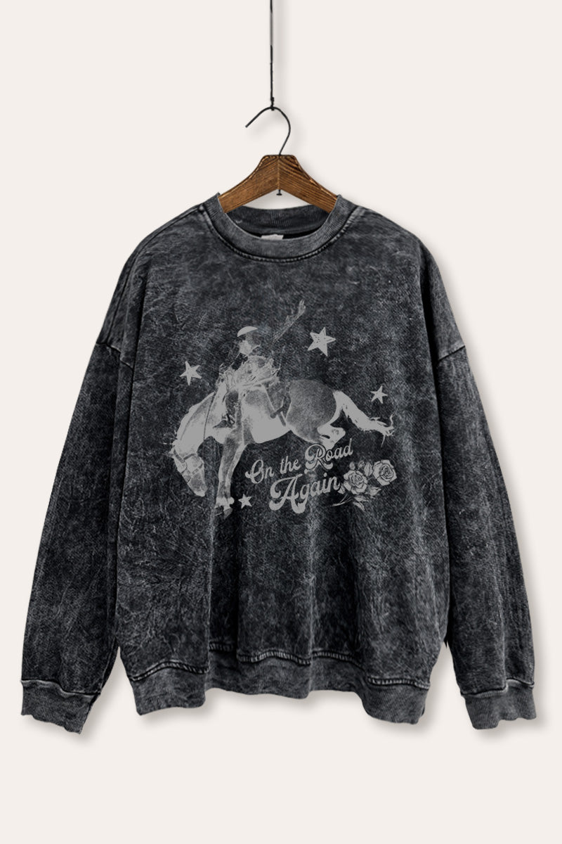 "on the road again" rodeo cowboy graphic mineral wash sweatshirt