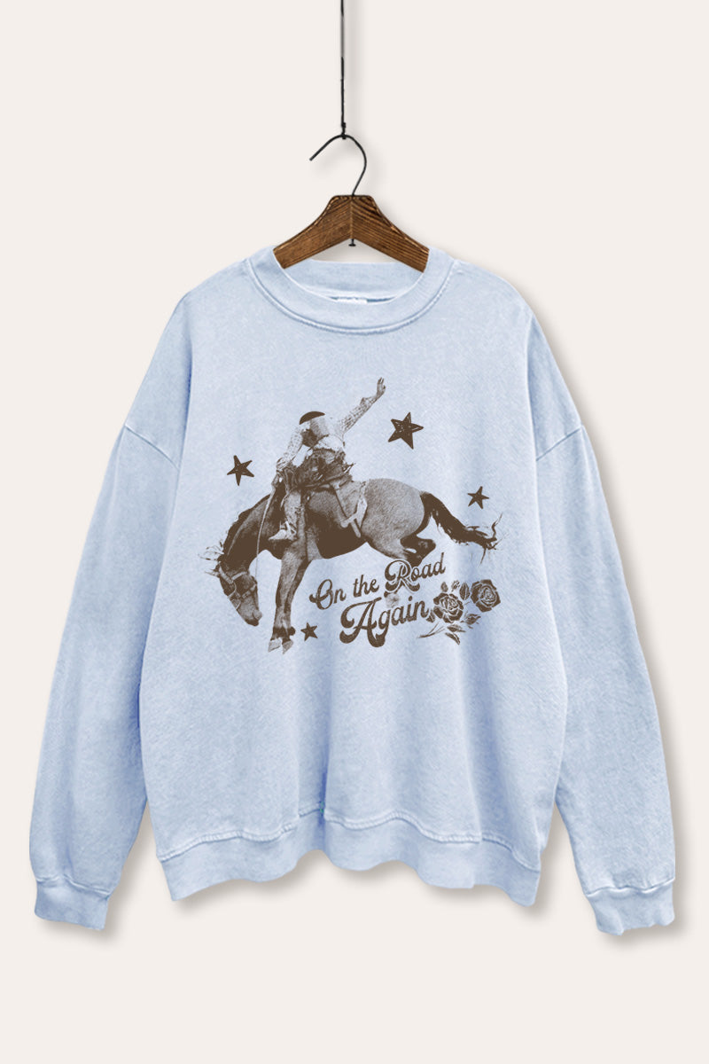"on the road again" rodeo cowboy graphic mineral wash sweatshirt