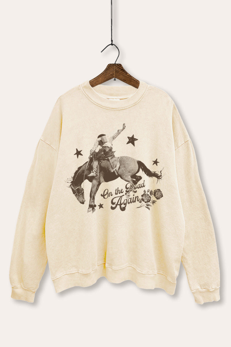 "on the road again" rodeo cowboy graphic mineral wash sweatshirt