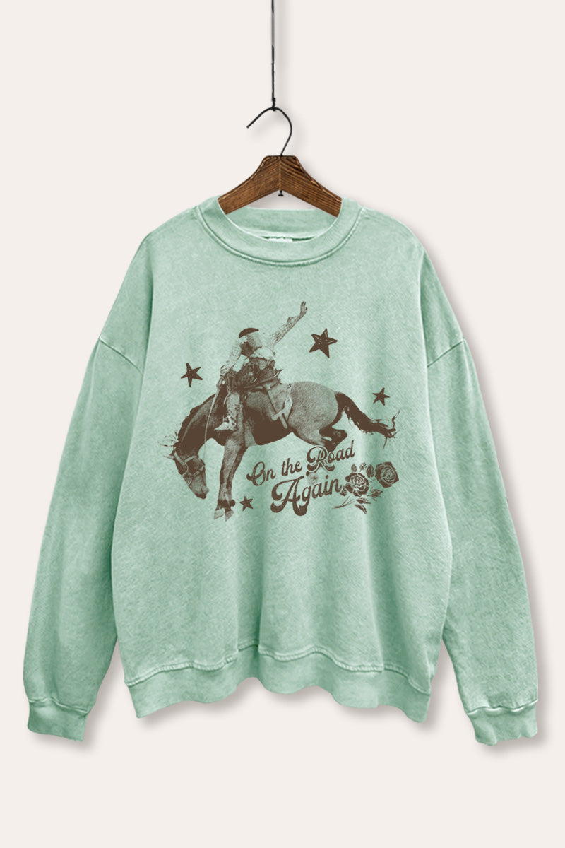 "on the road again" rodeo cowboy graphic mineral wash sweatshirt