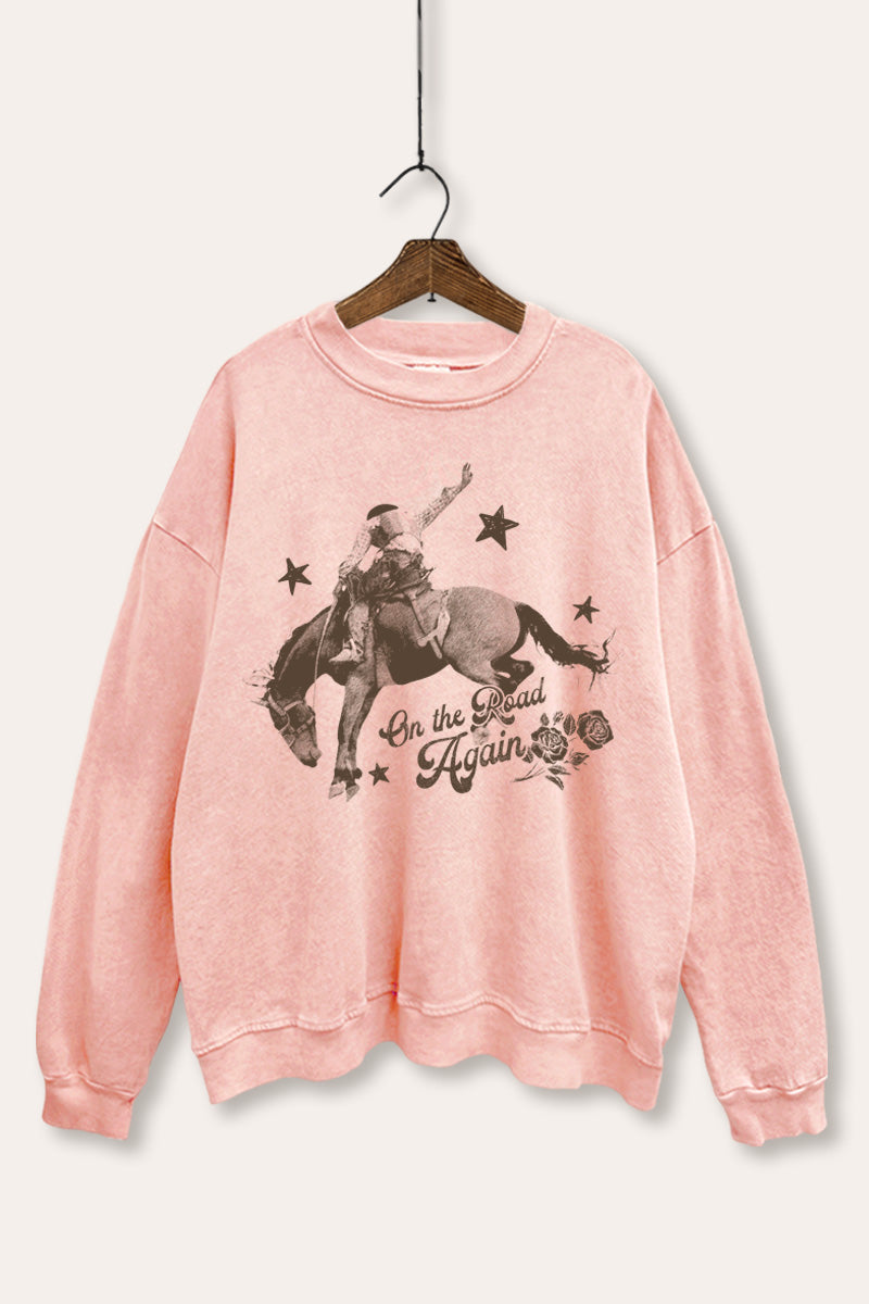 "on the road again" rodeo cowboy graphic mineral wash sweatshirt
