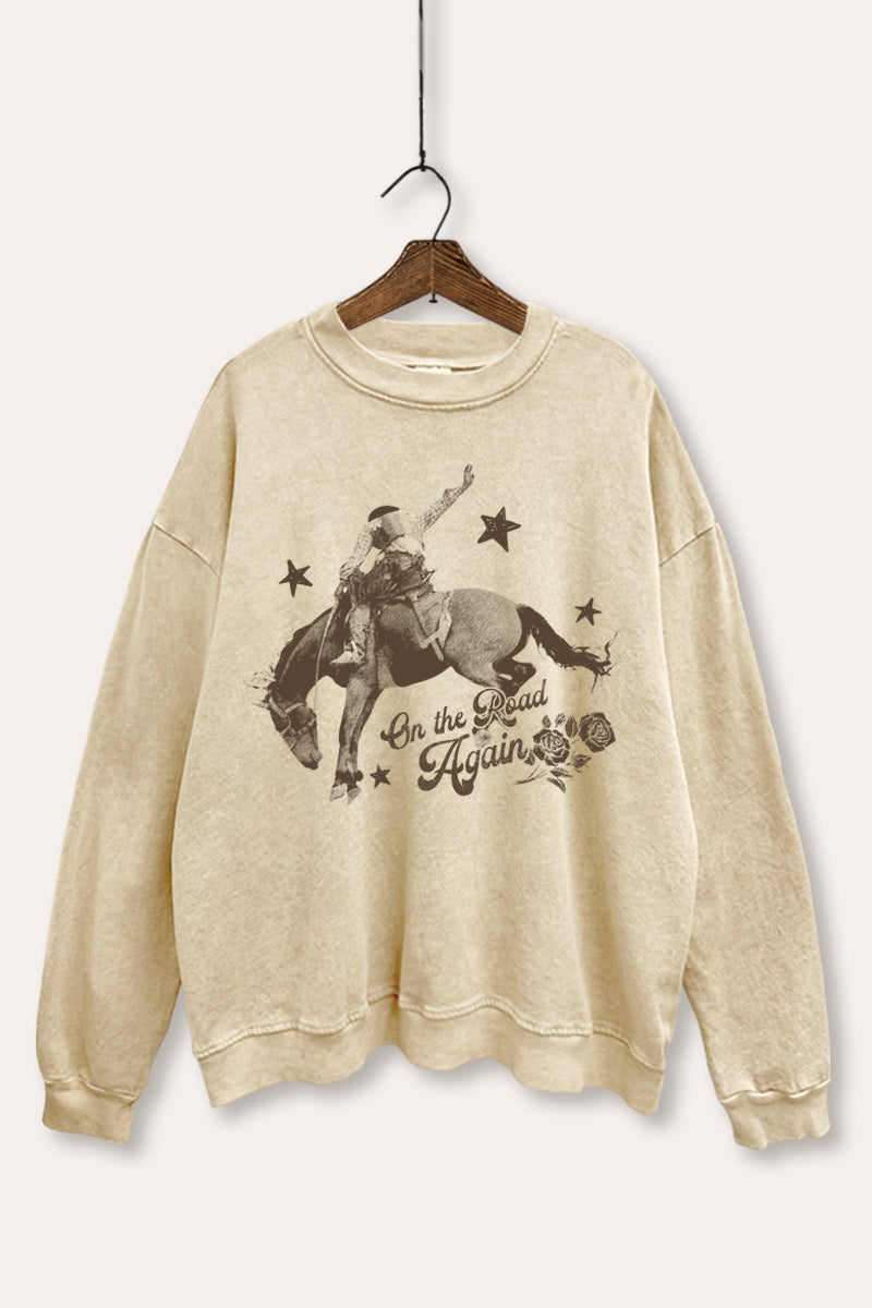 "on the road again" rodeo cowboy graphic mineral wash sweatshirt