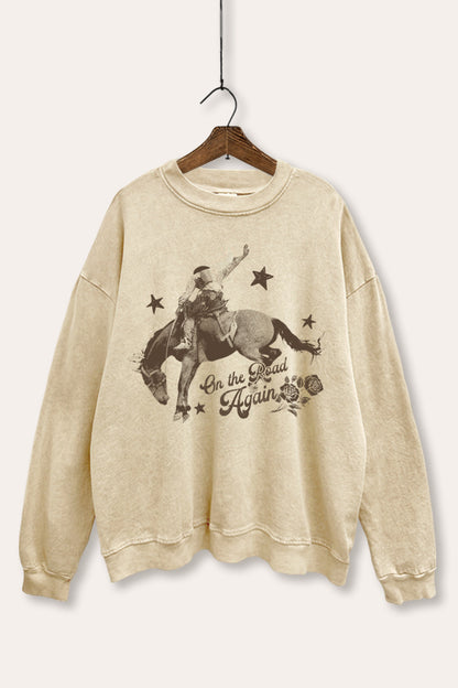 On The Road Again Cowboy Graphic Mineral Wash Sweatshirt