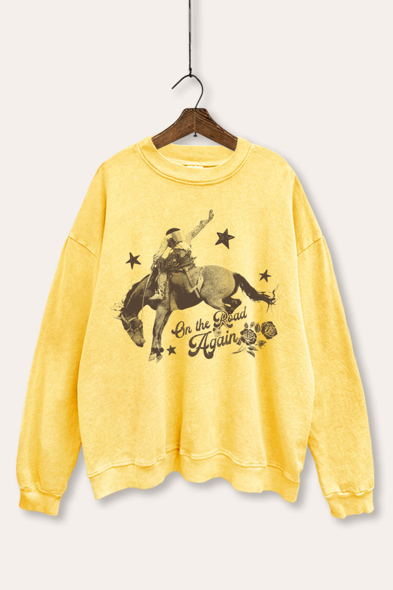 "on the road again" rodeo cowboy graphic mineral wash sweatshirt