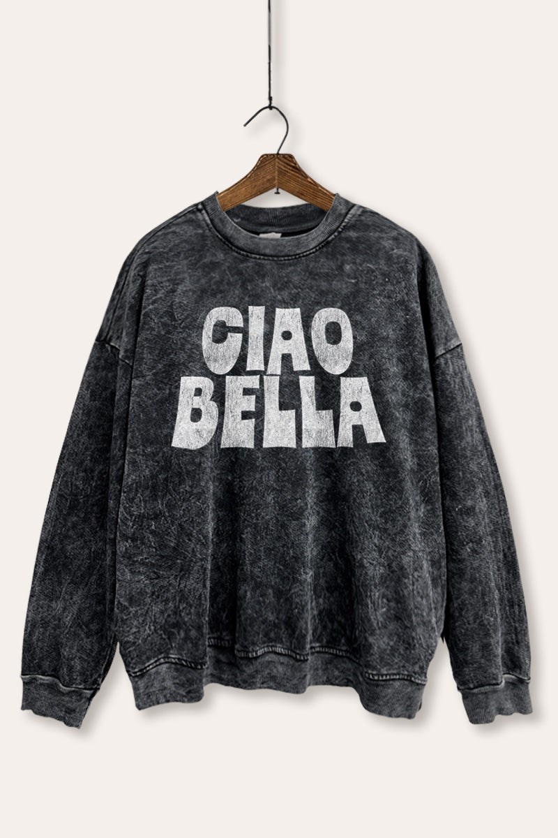 "ciao bella" typography mineral wash graphic sweatshirt