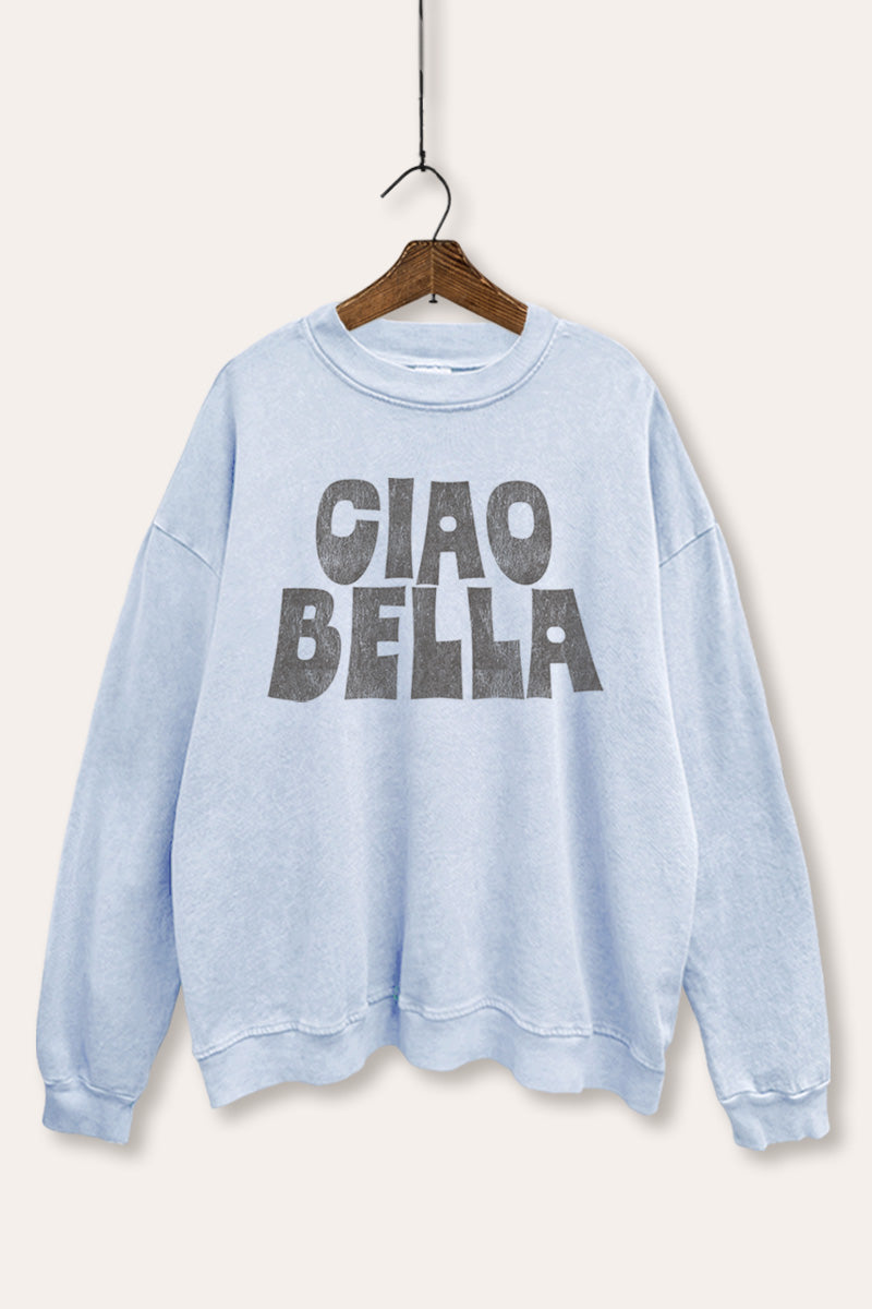 "ciao bella" typography mineral wash graphic sweatshirt