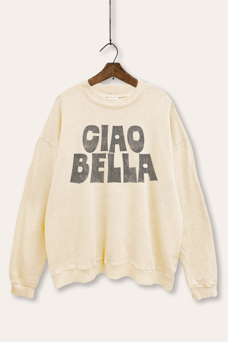 "ciao bella" typography mineral wash graphic sweatshirt