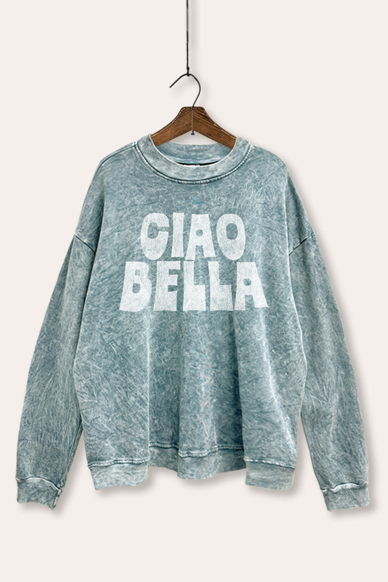 "ciao bella" typography mineral wash graphic sweatshirt