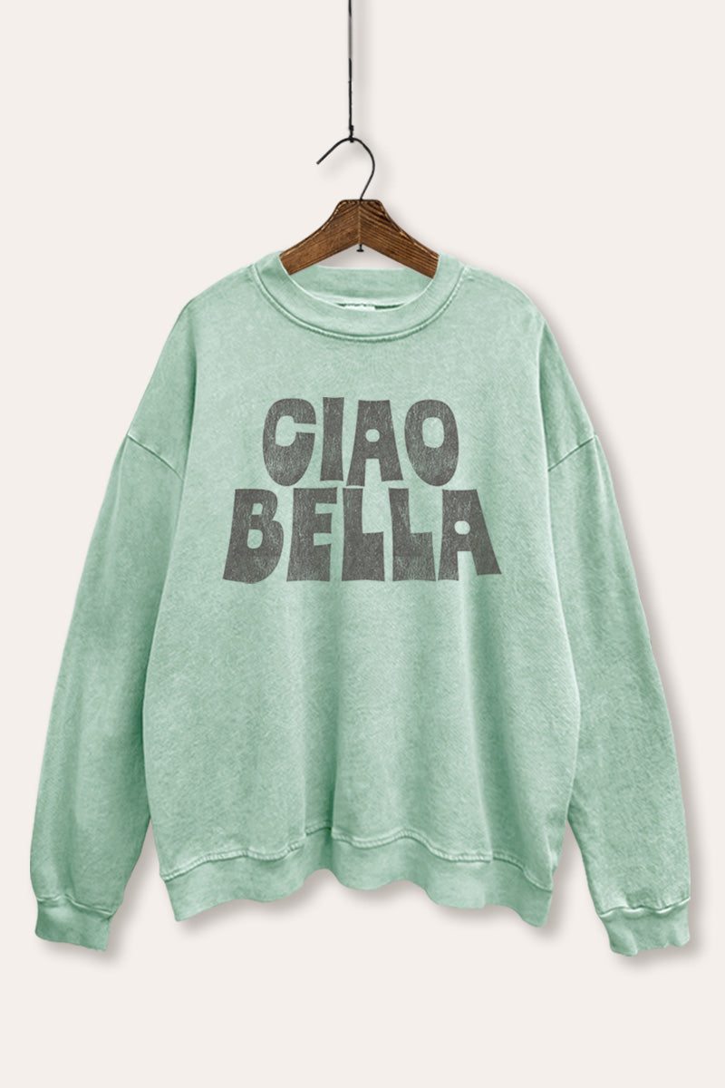 "ciao bella" typography mineral wash graphic sweatshirt