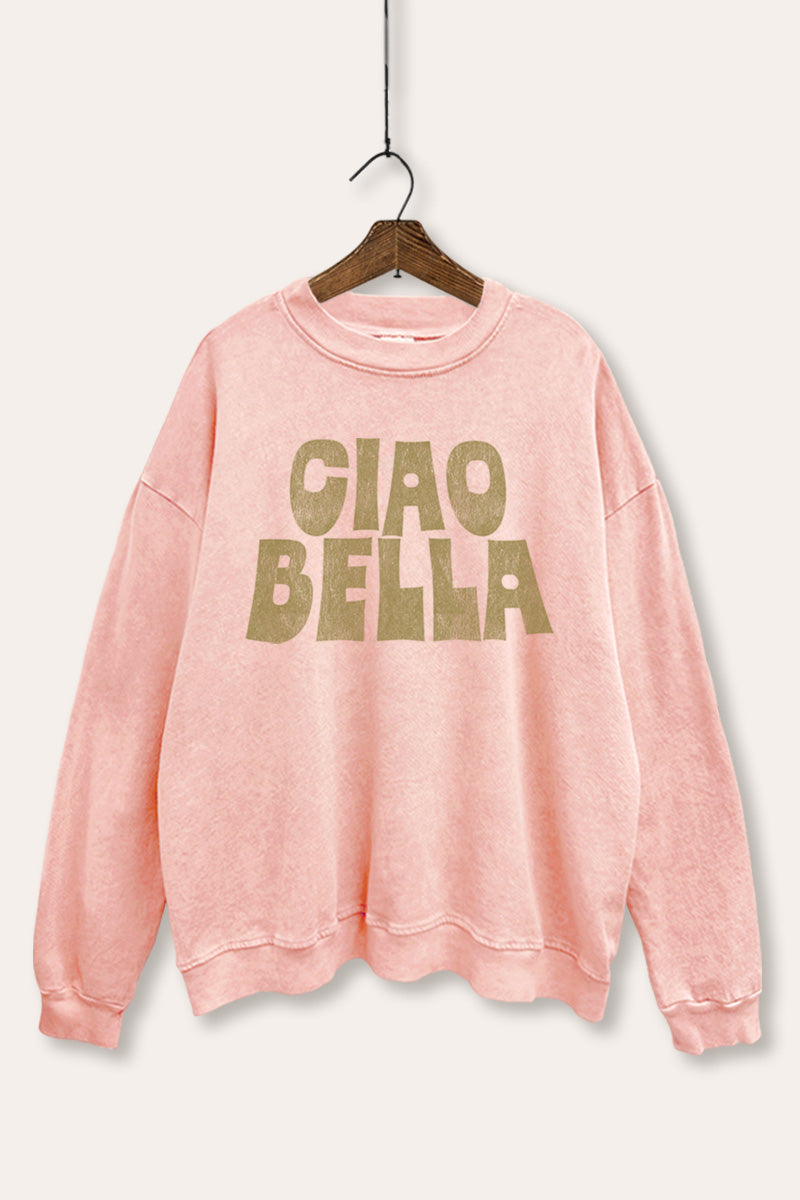 "ciao bella" typography mineral wash graphic sweatshirt