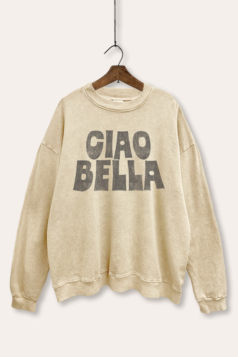 "ciao bella" typography mineral wash graphic sweatshirt