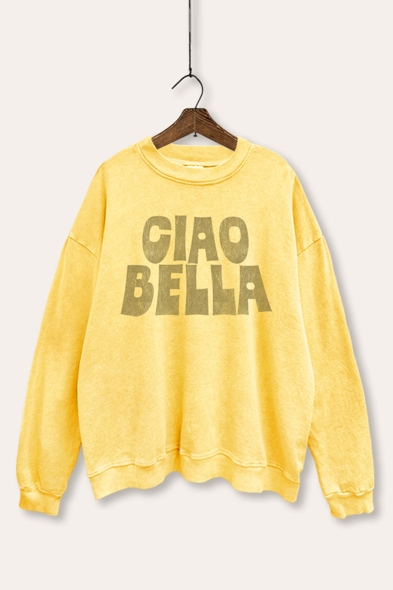 "ciao bella" typography mineral wash graphic sweatshirt