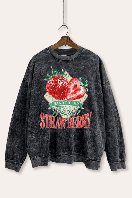 Distressed Strawberry Fruit Graphic Mineral Wash Sweatshirt