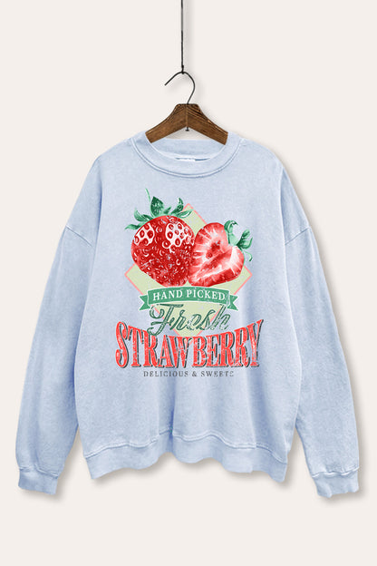 Distressed Strawberry Fruit Graphic Mineral Wash Sweatshirt