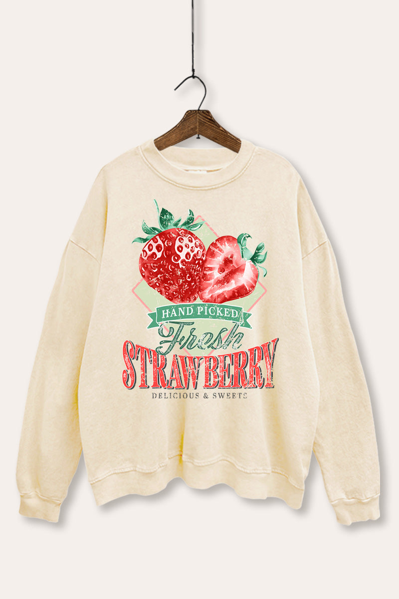 Distressed Strawberry Fruit Graphic Mineral Wash Sweatshirt