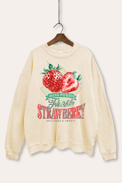 Distressed Strawberry Fruit Graphic Mineral Wash Sweatshirt