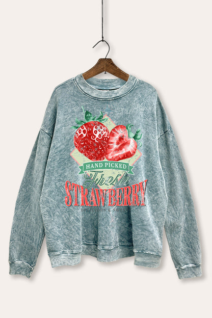 Distressed Strawberry Fruit Graphic Mineral Wash Sweatshirt