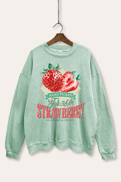 Distressed Strawberry Fruit Graphic Mineral Wash Sweatshirt