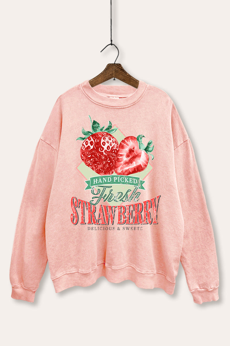 "fresh strawberry" graphic mineral wash sweatshirt