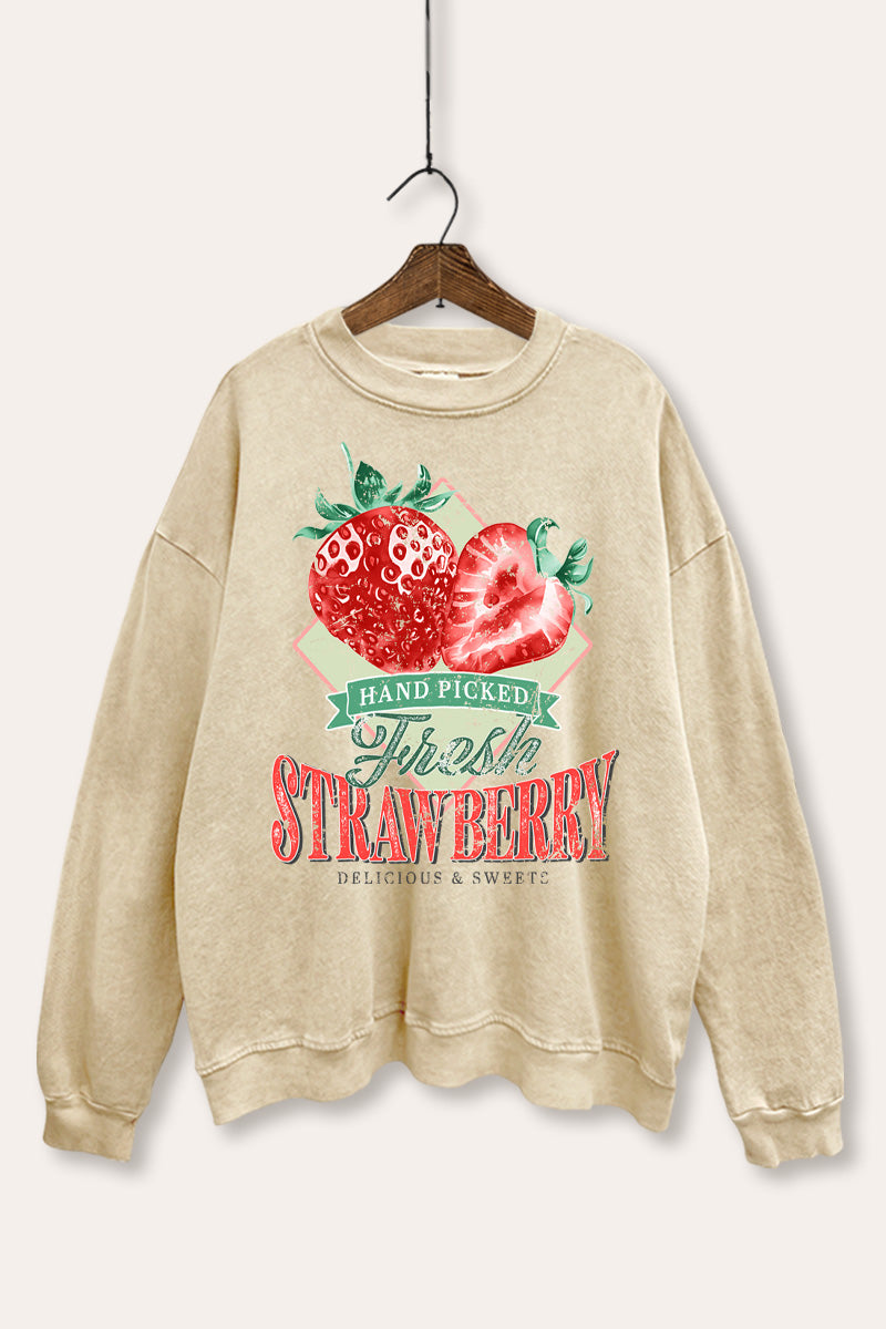 Distressed Strawberry Fruit Graphic Mineral Wash Sweatshirt