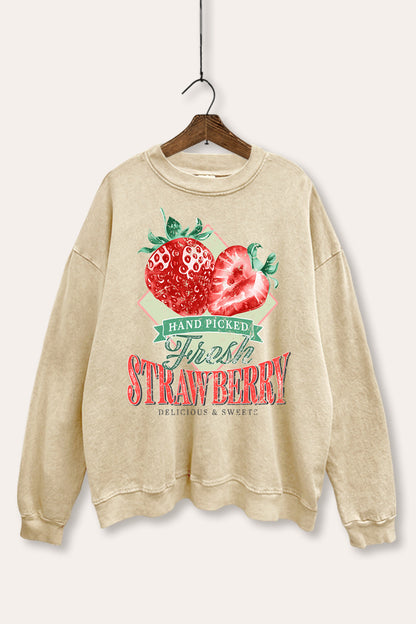 Distressed Strawberry Fruit Graphic Mineral Wash Sweatshirt
