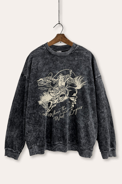 Where The West Begins Cowboy Graphic Mineral Wash Sweatshirt