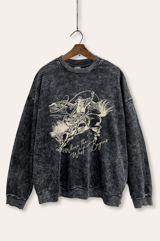 "where the west begins" mineral wash cowboy graphic sweatshirt