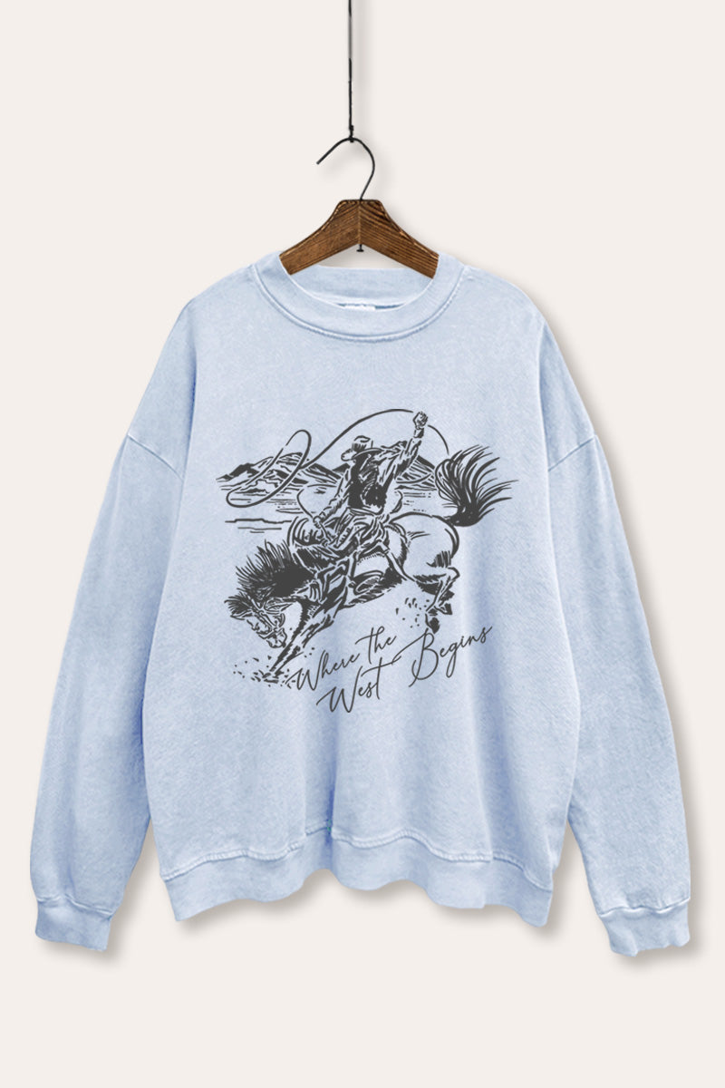 "where the west begins" mineral wash cowboy graphic sweatshirt