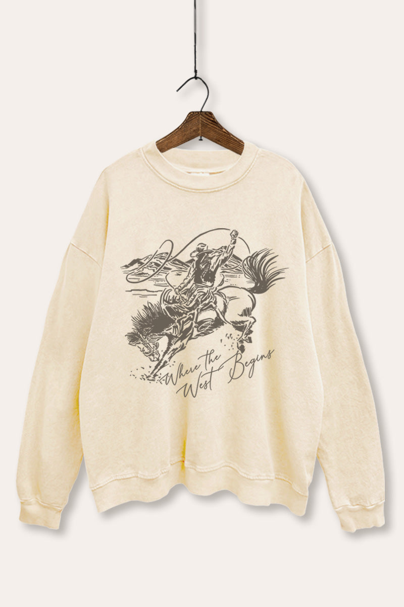 "where the west begins" mineral wash cowboy graphic sweatshirt