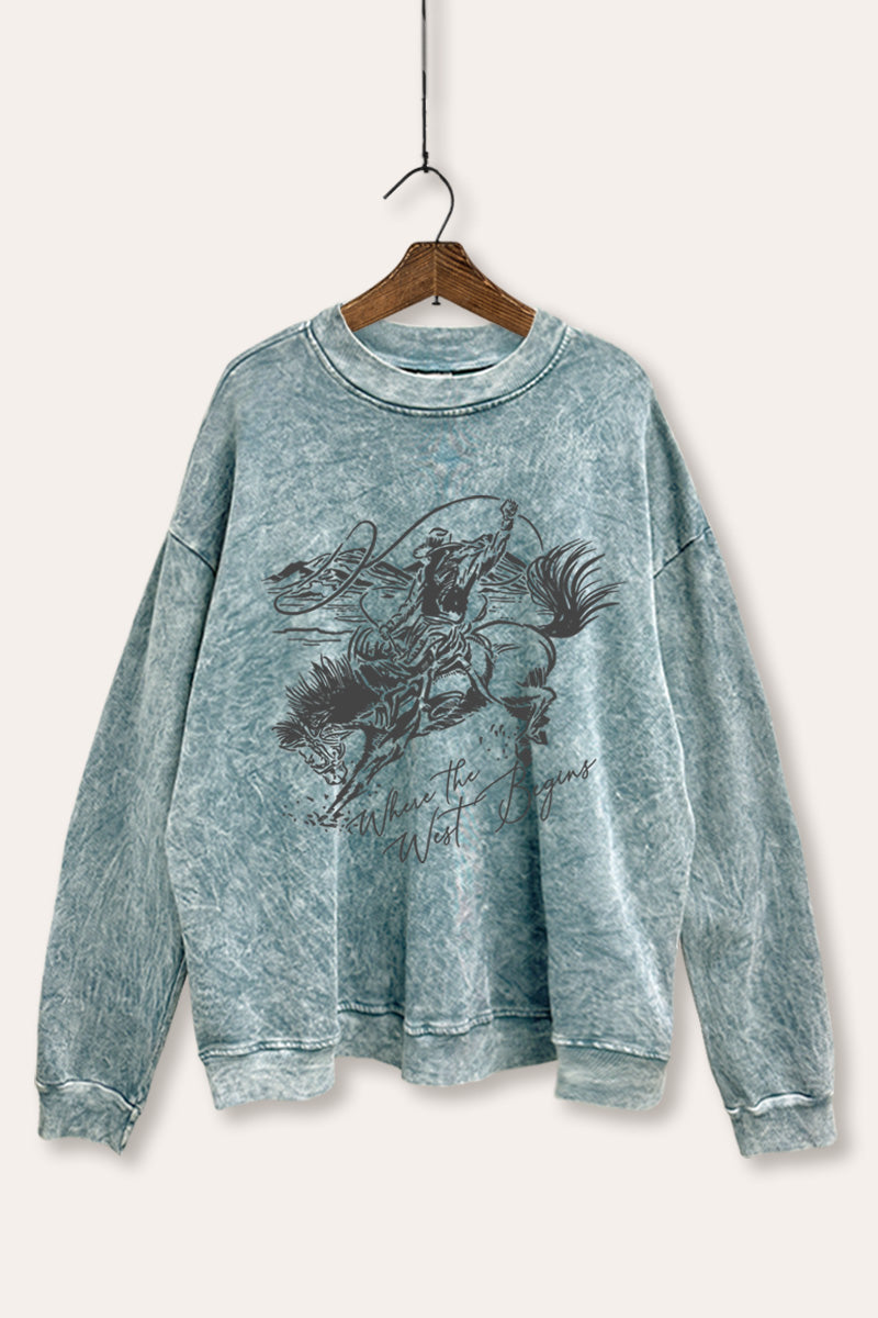 "where the west begins" mineral wash cowboy graphic sweatshirt