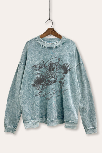 Where The West Begins Cowboy Graphic Mineral Wash Sweatshirt