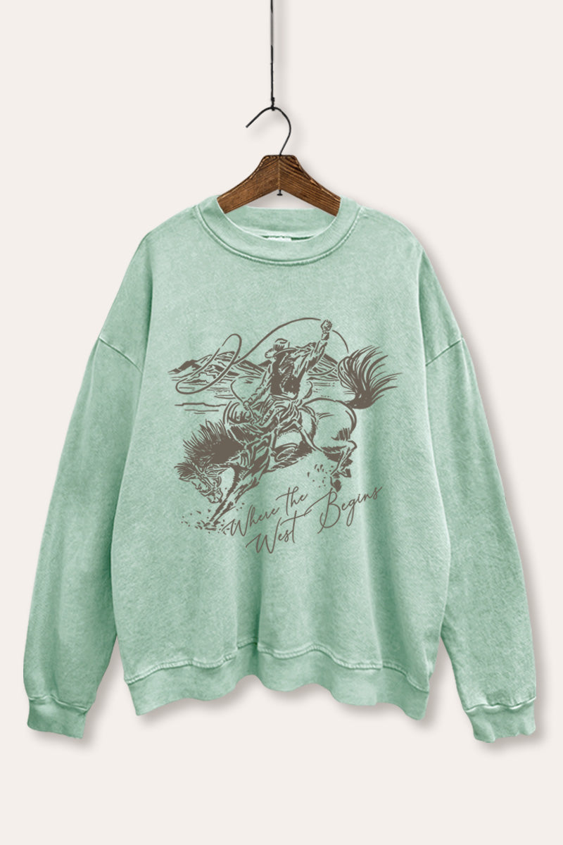 "where the west begins" mineral wash cowboy graphic sweatshirt