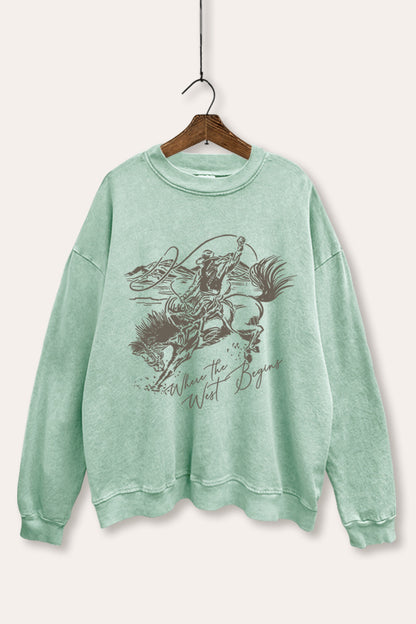 Where The West Begins Cowboy Graphic Mineral Wash Sweatshirt