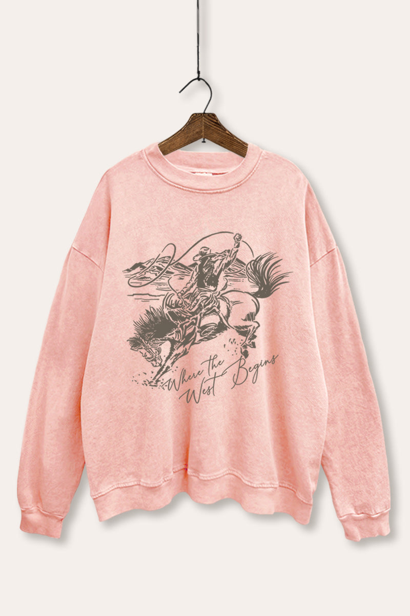 "where the west begins" mineral wash cowboy graphic sweatshirt