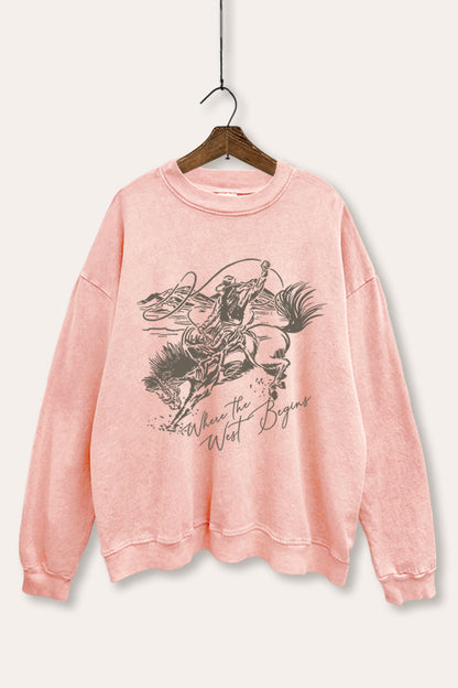 Where The West Begins Cowboy Graphic Mineral Wash Sweatshirt