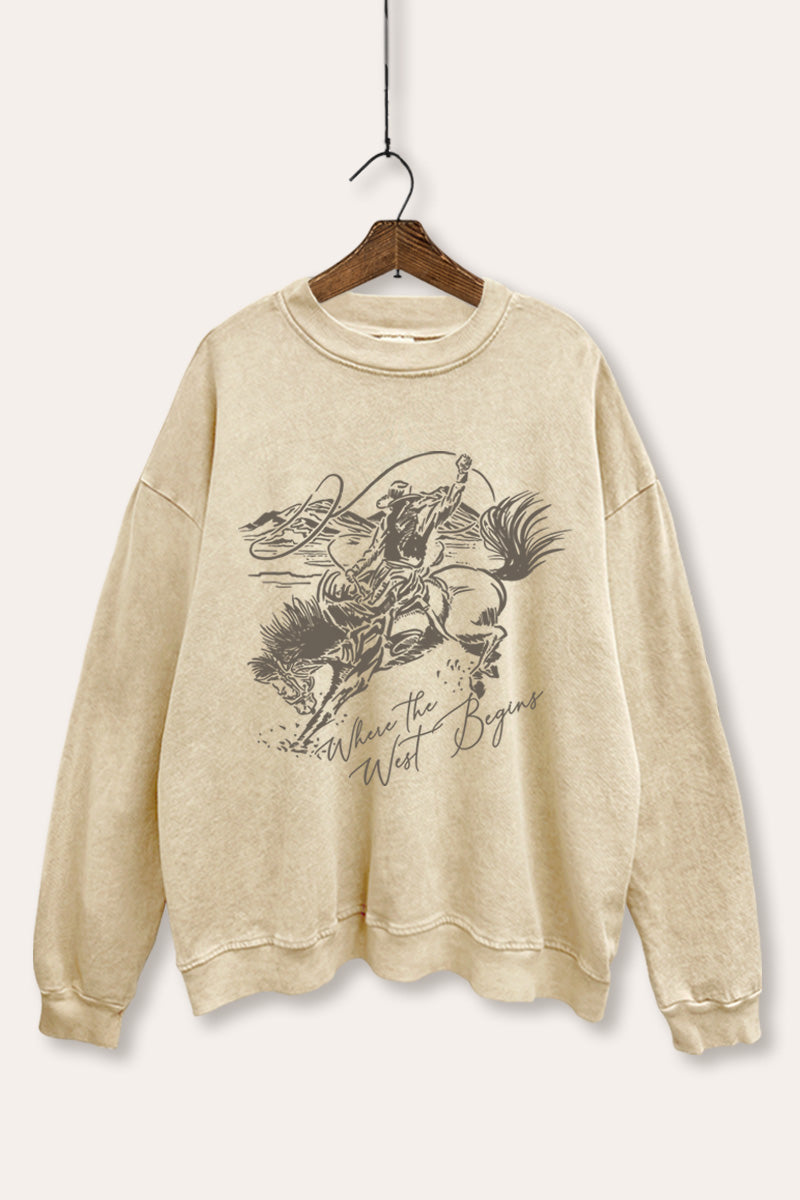 "where the west begins" mineral wash cowboy graphic sweatshirt