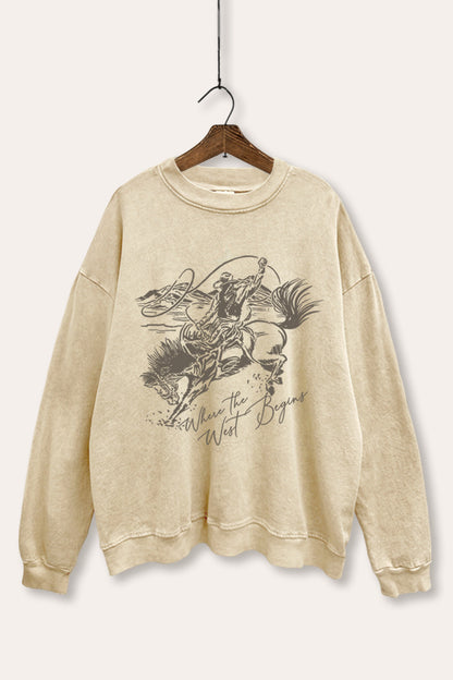Where The West Begins Cowboy Graphic Mineral Wash Sweatshirt