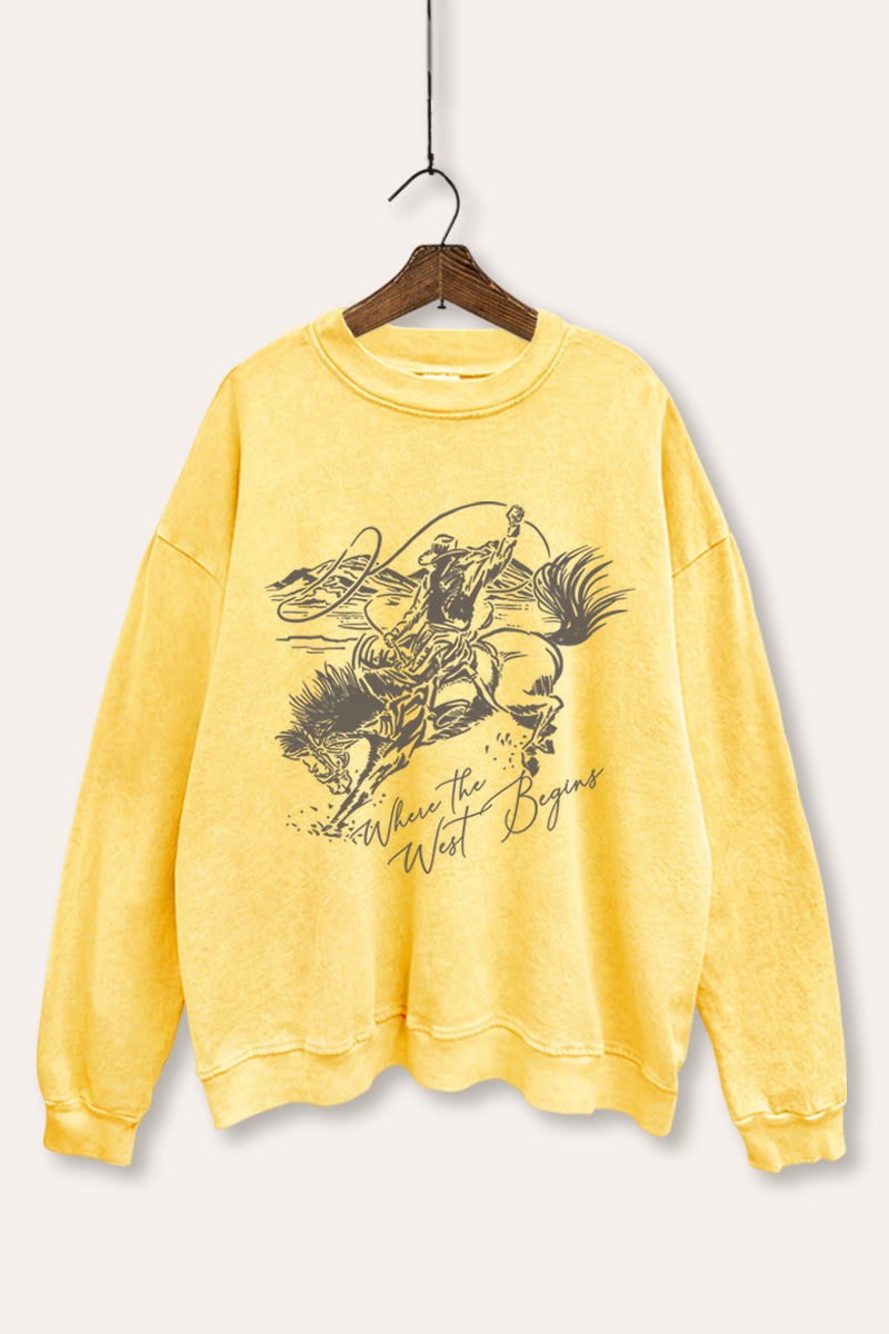"where the west begins" mineral wash cowboy graphic sweatshirt