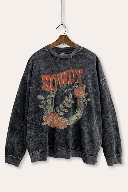 Howdy Cowboy Rose Horseshoe Graphic Mineral Wash Sweatshirt