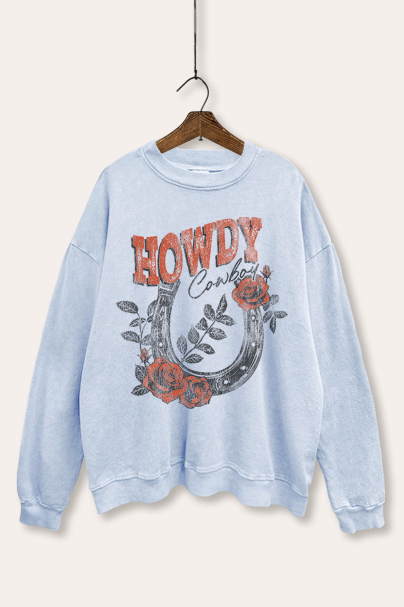 Howdy Cowboy Rose Horseshoe Graphic Mineral Wash Sweatshirt