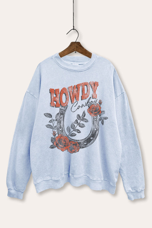 Howdy Cowboy Rose Horseshoe Graphic Mineral Wash Sweatshirt