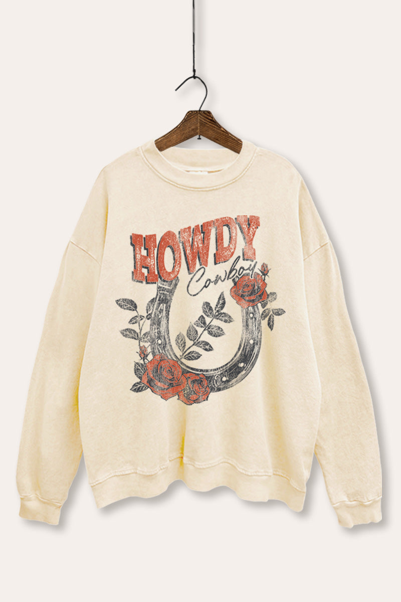 Howdy Cowboy Rose Horseshoe Graphic Mineral Wash Sweatshirt