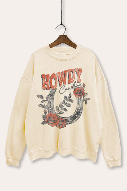 Howdy Cowboy Rose Horseshoe Graphic Mineral Wash Sweatshirt
