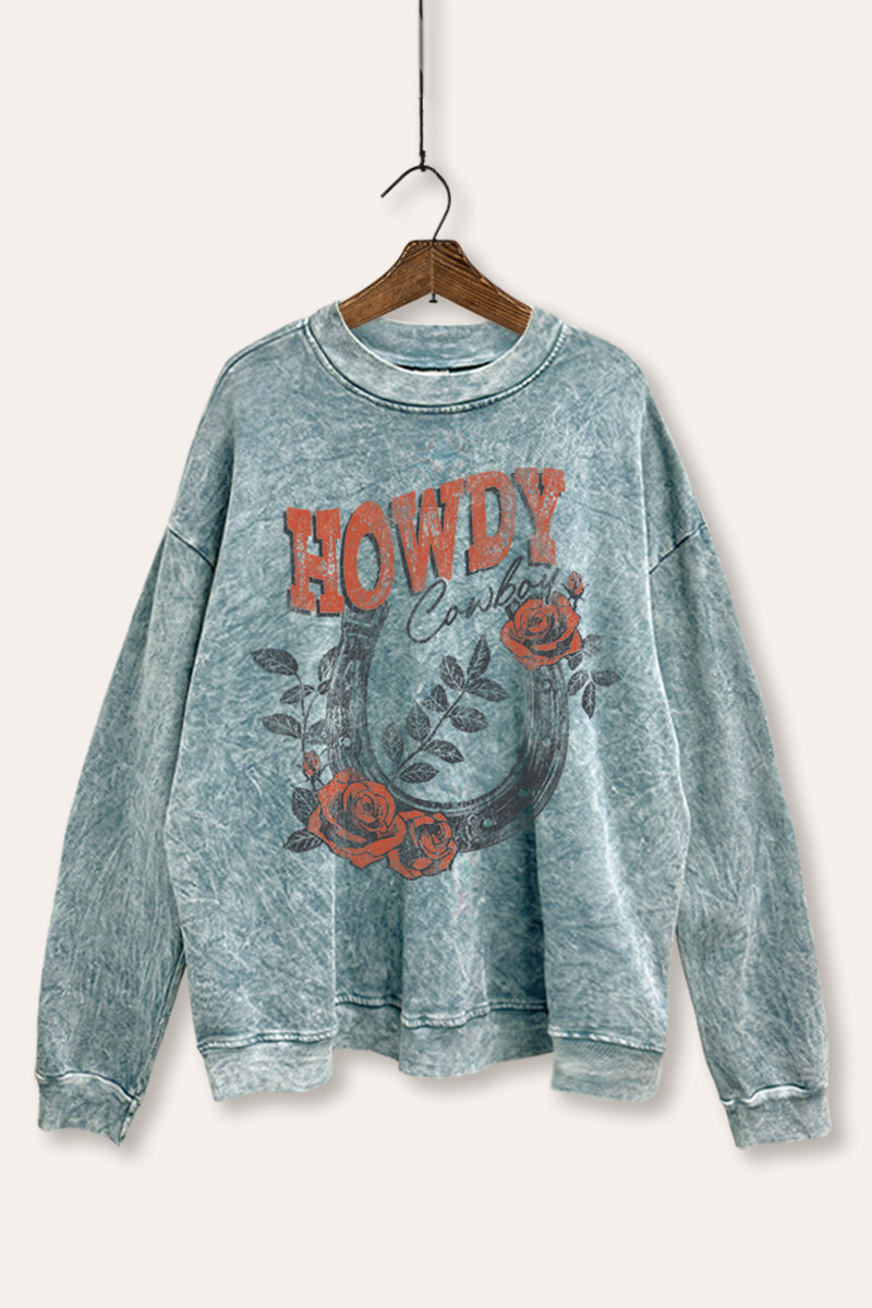 Howdy Cowboy Rose Horseshoe Graphic Mineral Wash Sweatshirt