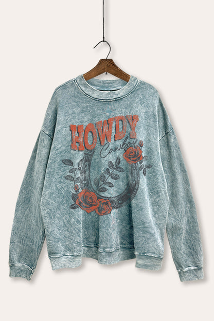 Howdy Cowboy Rose Horseshoe Graphic Mineral Wash Sweatshirt