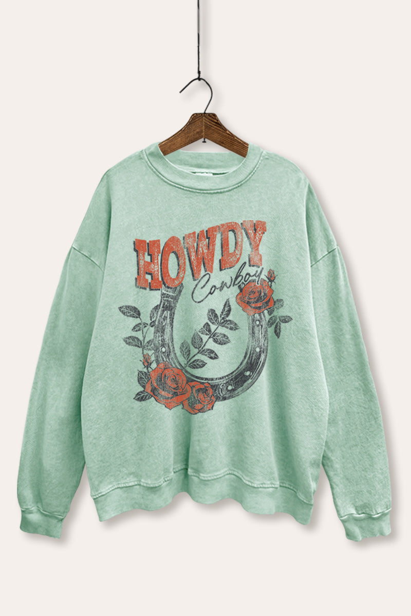 Howdy Cowboy Rose Horseshoe Graphic Mineral Wash Sweatshirt