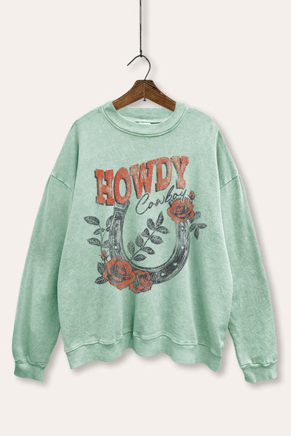 Howdy Cowboy Rose Horseshoe Graphic Mineral Wash Sweatshirt